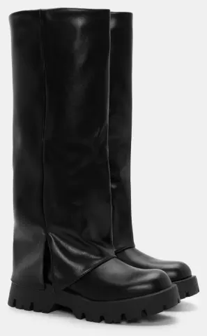 Μπότες με Εφέ Αναδιπλούμενης Φάσας & Τρακτερωτή Σόλα - Μαύρο