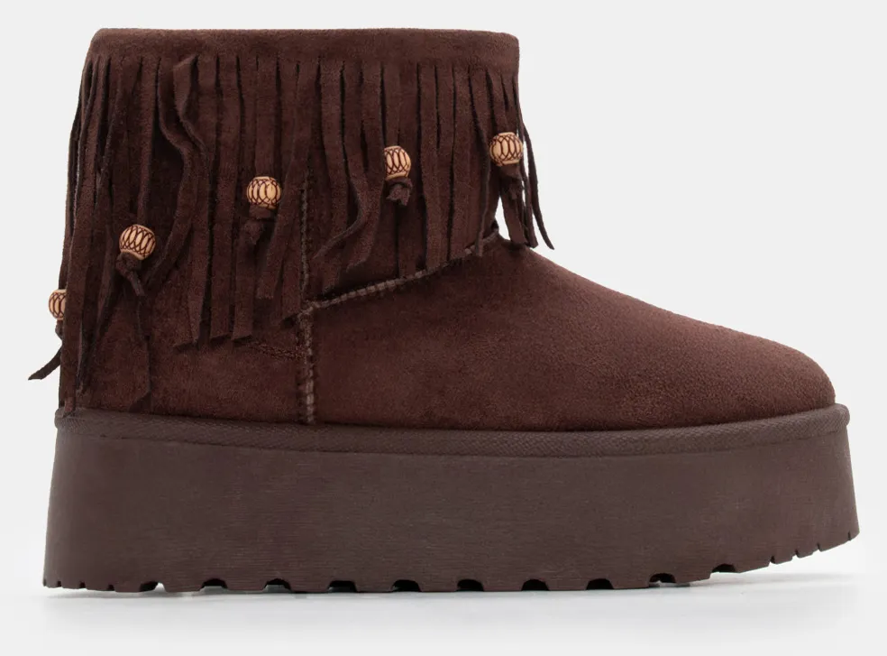 Μποτάκια Δίσολα με Εσωτερική Επένδυση Γούνας & Διακοσμητικά Κρόσσια - Καφέ Σκούρο