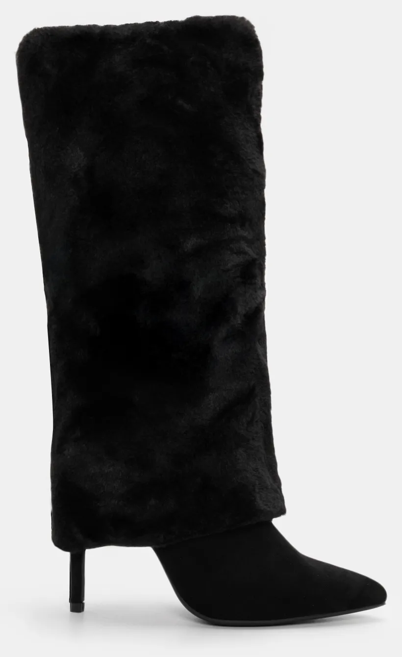 Μπότες με Εφέ Αναδιπλούμενης Φάσας από Γούνα - Μαύρο