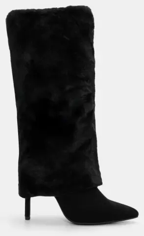 Μπότες με Εφέ Αναδιπλούμενης Φάσας από Γούνα - Μαύρο