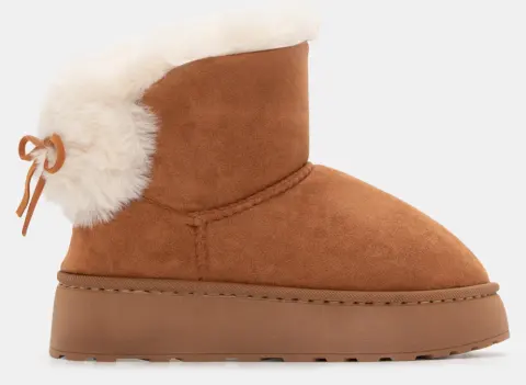 Μποτάκια με Εσωτερική Επένδυση Γούνας & Διακοσμητικό Φιόγκο - Κάμελ