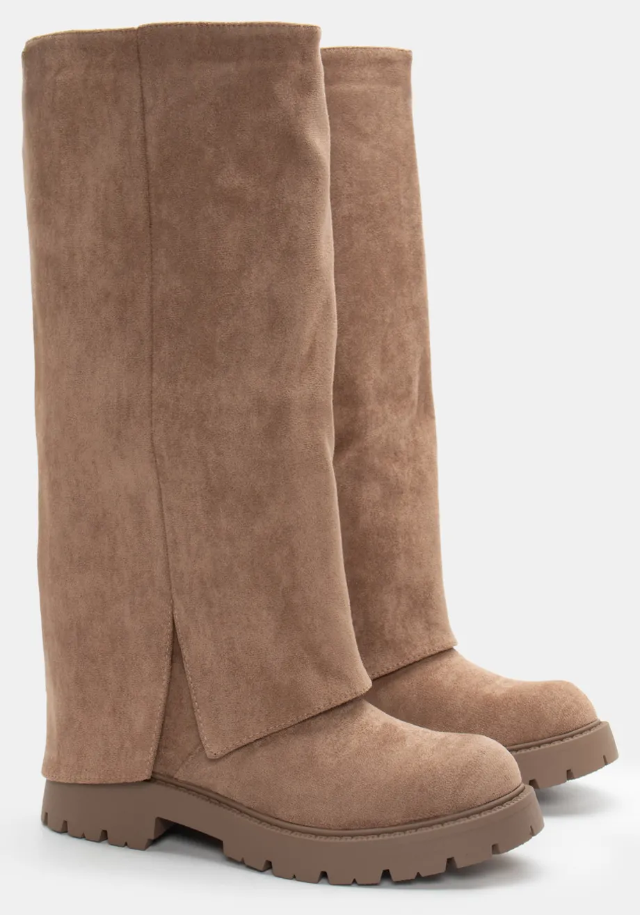 Μπότες με Εφέ Αναδιπλούμενης Φάσας & Τρακτερωτή Σόλα - Μπεζ-Σκούρο