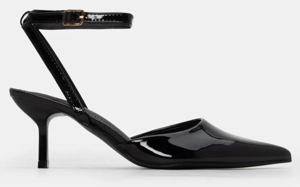 Γόβες Μυτερές Slingback με Μπαρέτα - Μαύρο-Λουστρίνι