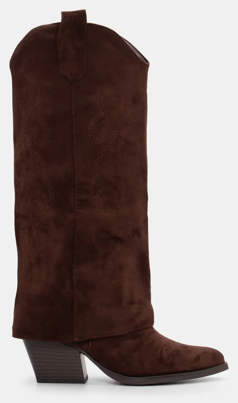 Μπότες Cowboy με Εφέ Αναδιπλούμενης Φάσας & Διακοσμητικές Φωτιές - Καφέ Σκούρο