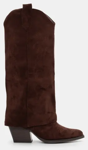 Μπότες Cowboy με Εφέ Αναδιπλούμενης Φάσας & Διακοσμητικές Φωτιές - Καφέ Σκούρο