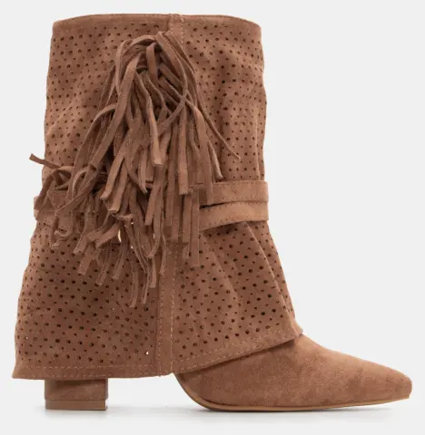 Μποτάκια Cowboy με Εφέ Αναδιπλούμενης Φάσας & Κρόσσια - Κάμελ