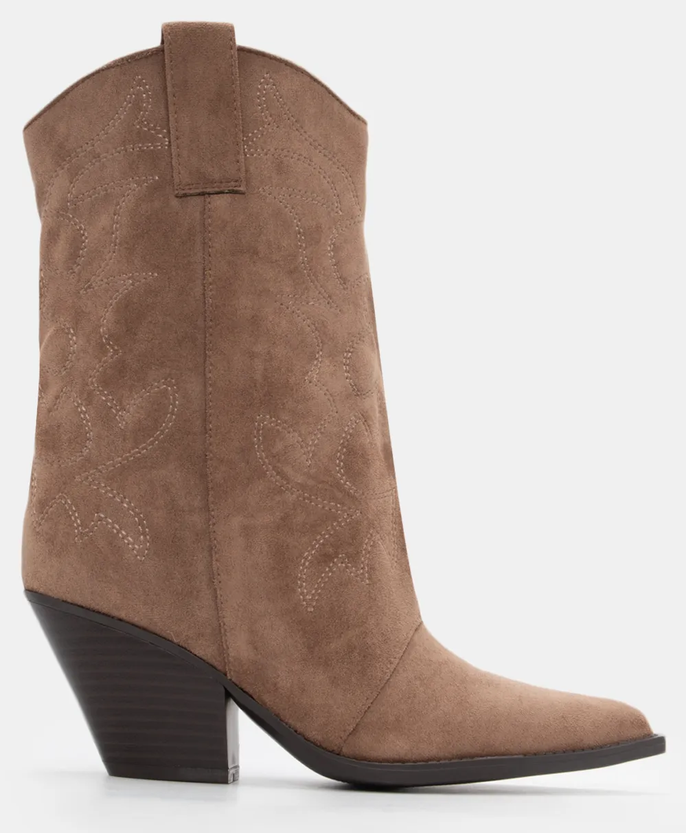 Μποτάκια Cowboy με Κέντημα - Μπεζ-Σκούρο