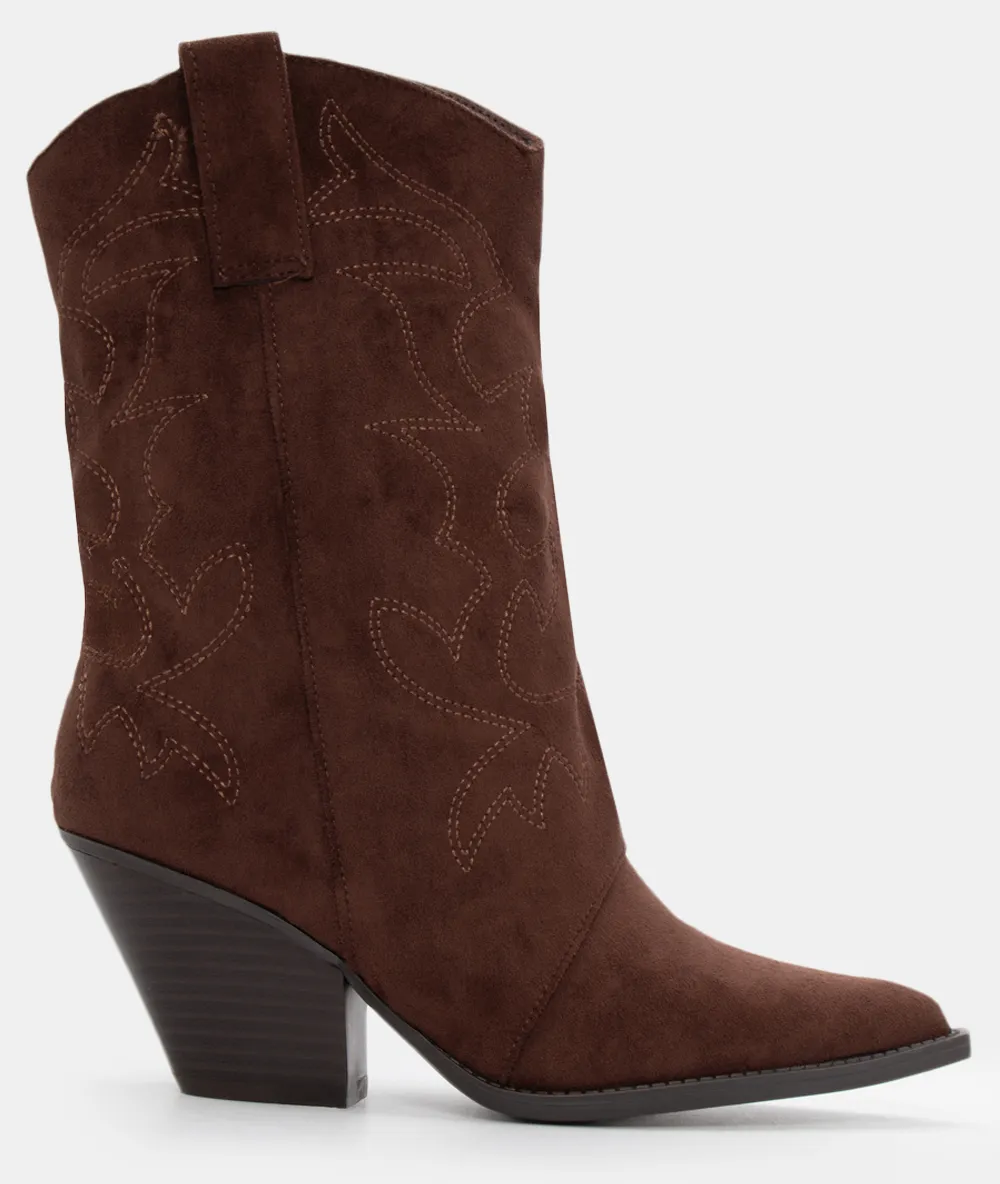 Μποτάκια Cowboy με Κέντημα - Καφέ Σκούρο