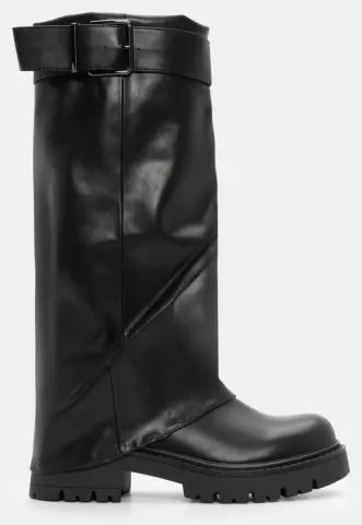 Μπότες με Εφέ Αναδιπλούμενης Φάσας & Διακοσμητικό Λουράκι - Μαύρο