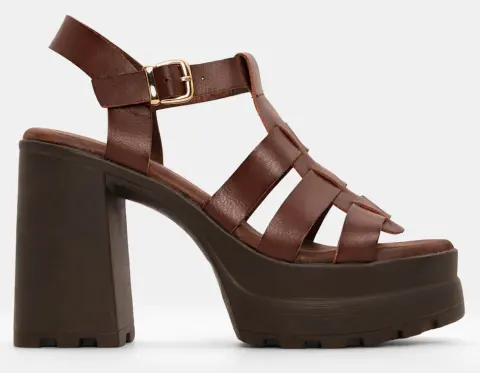 Πέδιλα με Χονδρό Τακούνι και Λουράκια - Καφέ Σκούρο