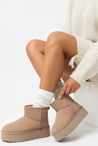 Μποτάκια Δίσολα με Εσωτερική Επένδυση Γούνας - Μπεζ-Σκούρο