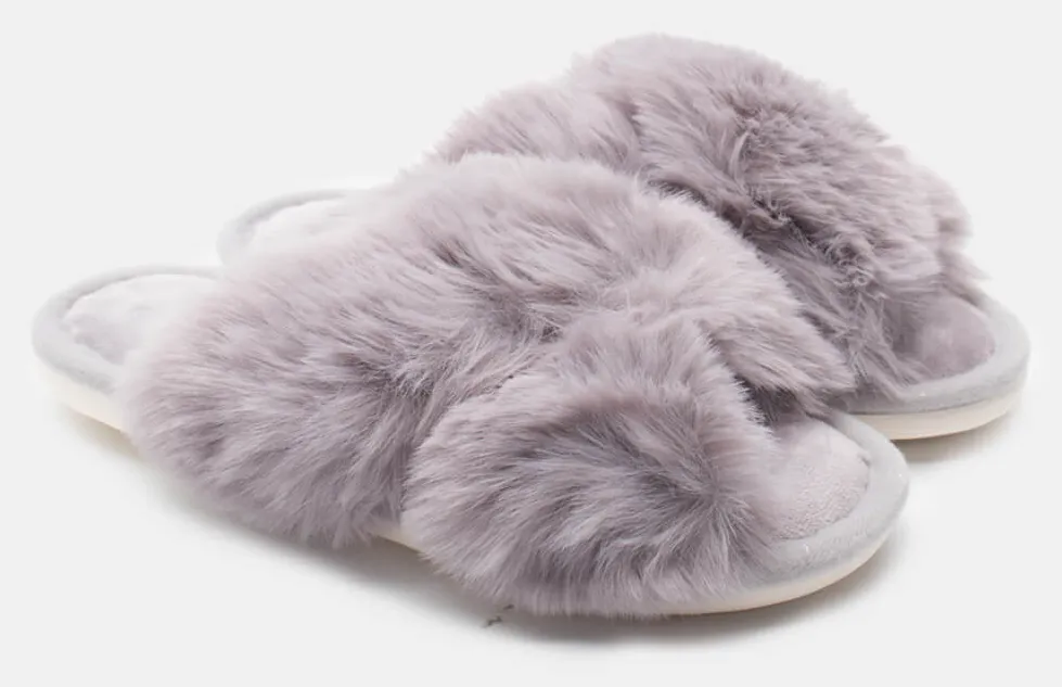 Παντόφλες Γούνινες με Χιαστί Λουράκια - Γκρι