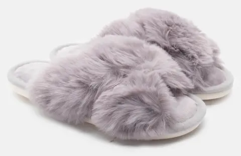 Παντόφλες Γούνινες με Χιαστί Λουράκια - Γκρι