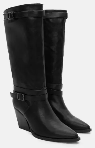 Μπότες Μυτερές Cowboy με Διακοσμητικά Λουράκια - Μαύρο