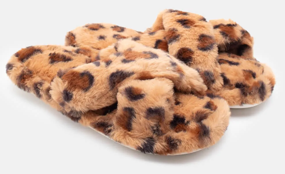 Παντόφλες Γούνινες με Λεπτομέρεια Print & Χιαστί Λουράκια - Καφέ