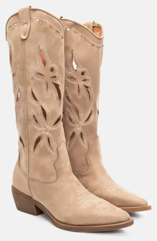 Μπότες Cowboy με Κέντημα - Μπεζ-Σκούρο