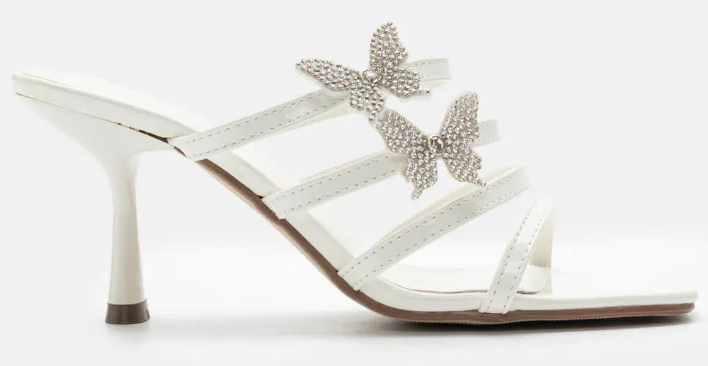 Mules με Λουράκια & Διακοσμητικές Πεταλούδες απο Strass - Λευκό