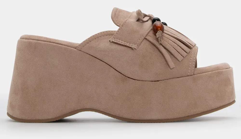 Πλατφόρμες με Διακοσμητικά Κρόσσια & Χάντρες - Μπεζ-Σκούρο