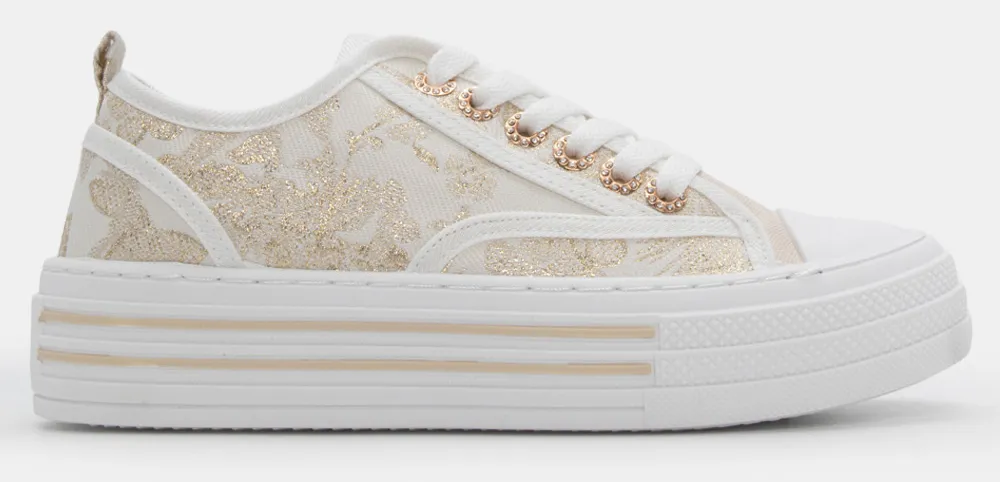 Sneakers με Διακοσμητικά Λουλούδια & Strass - Λευκό