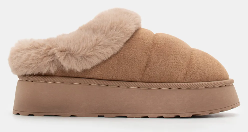 Παντόφλες Σαμπό Δίσολα με Γούνα - Μπεζ-Σκούρο