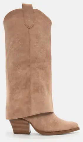 Μπότες Cowboy με Εφέ Αναδιπλούμενης Φάσας & Διακοσμητικές Φωτιές - Μπεζ-Σκούρο