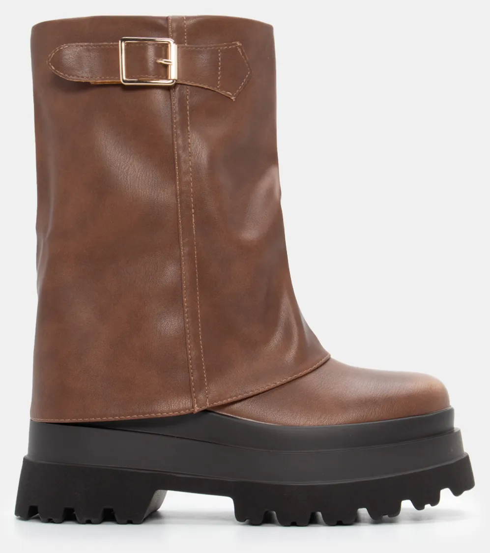 Μποτάκια Δίσολα με Εφέ Αναδιπλούμενης Φάσας - Κάμελ