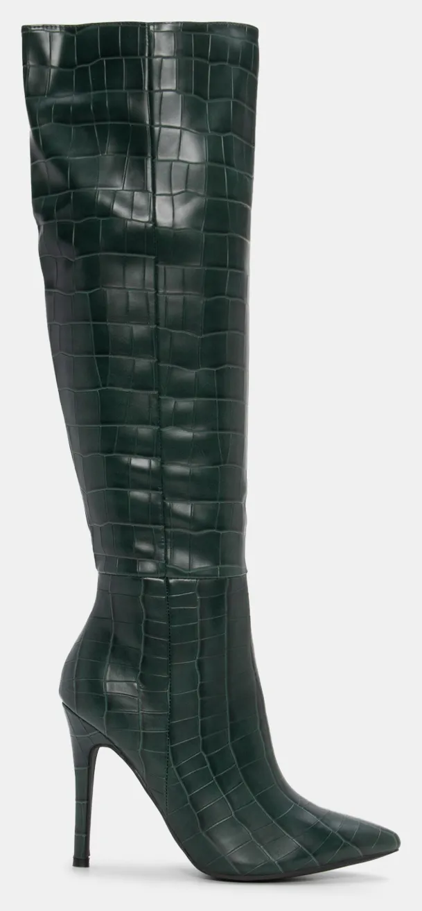 Μπότες Μυτερές Croco Over the Knee - Πράσινο