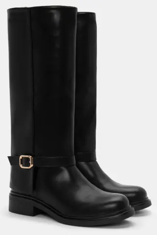 Μπότες με Εφέ Αναδιπλούμενης Φάσας & Διακοσμητικό Λουράκι - Μαύρο