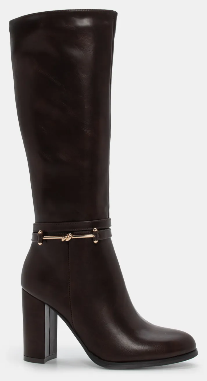 Μπότες Μυτερές με Διακοσμητική Αγκράφα - Καφέ Σκούρο