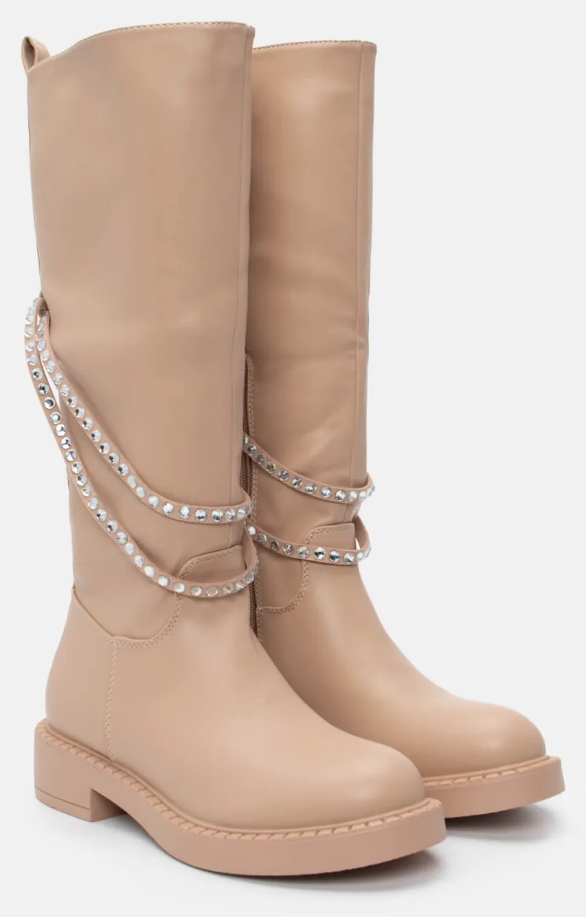 Μπότες με Αποσπώμενη Αλυσίδα απο Διακοσμητικές Πέτρες - Μπεζ-Σκούρο