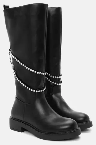 Μπότες με Αποσπώμενη Αλυσίδα απο Διακοσμητικές Πέτρες - Μαύρο