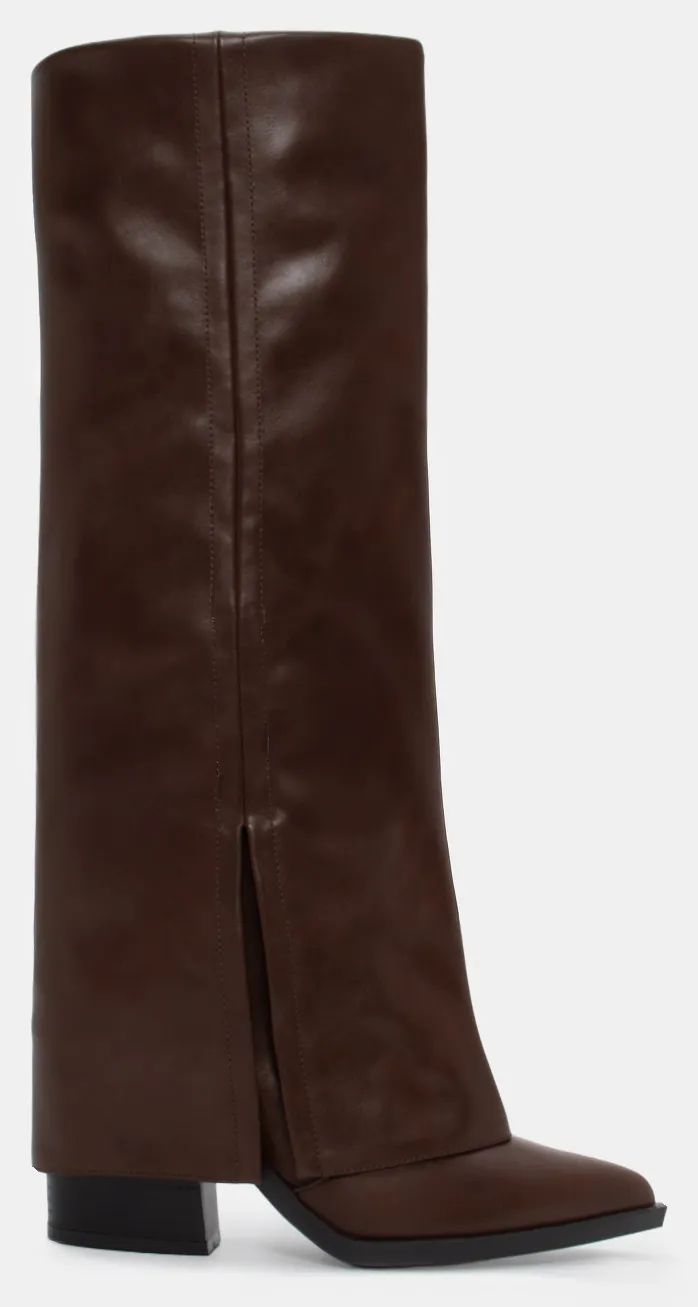 Μπότες Cowboy με Εφέ Αναδιπλούμενης Φάσας - Καφέ Σκούρο