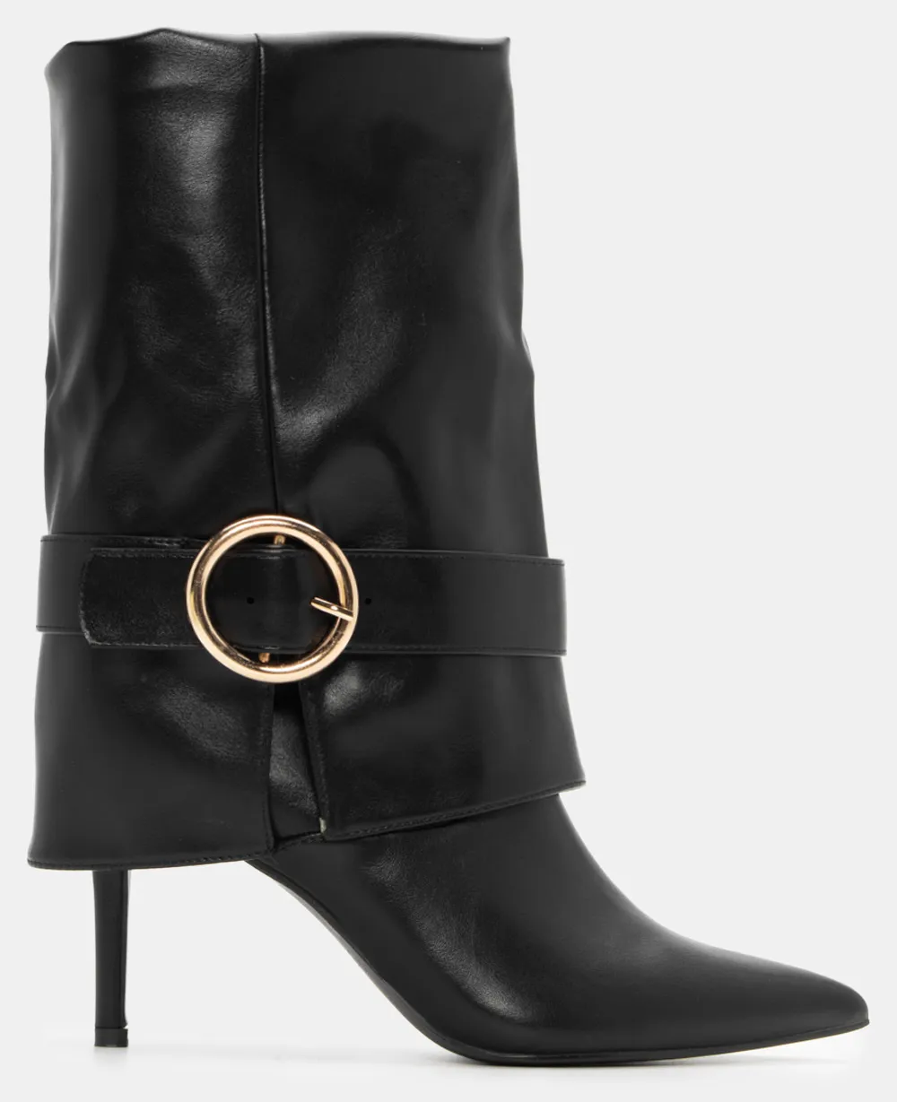 Μποτάκια με Εφέ Αναδιπλούμενης Φάσας & Διακοσμητικό Λουράκι - Μαύρο