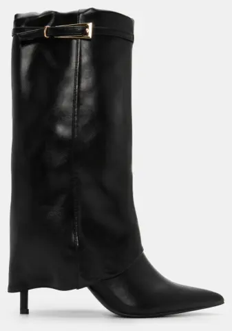 Μπότες με Εφέ Αναδιπλούμενης Φάσας & Διακοσμητικό Λουράκι - Μαύρο