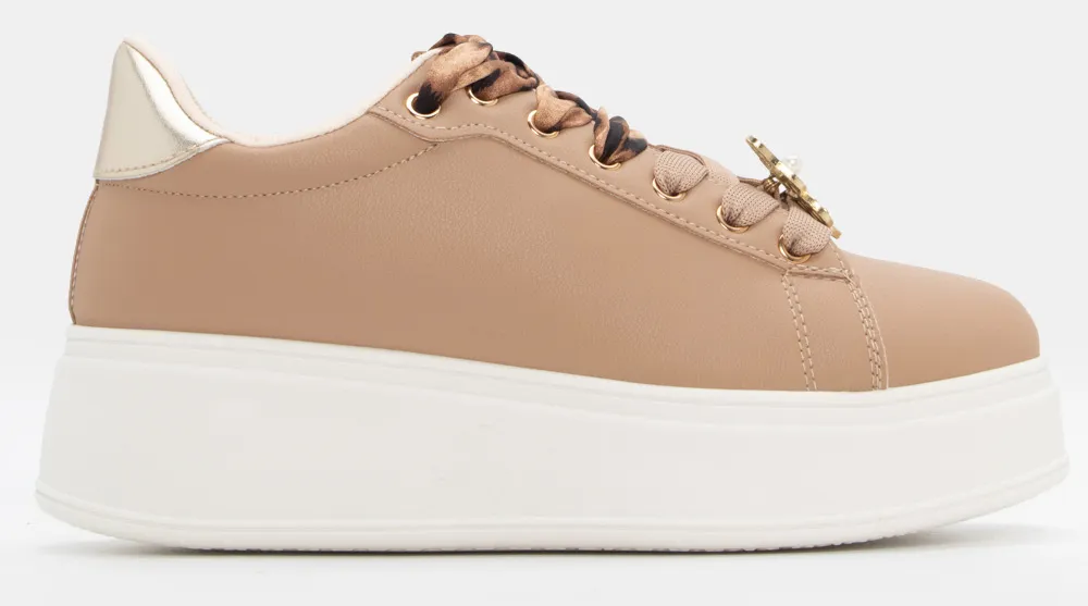Sneakers με Διπλά Κορδόνια με Διακοσμητική Πεταλούδα - Μπεζ-Σκούρο