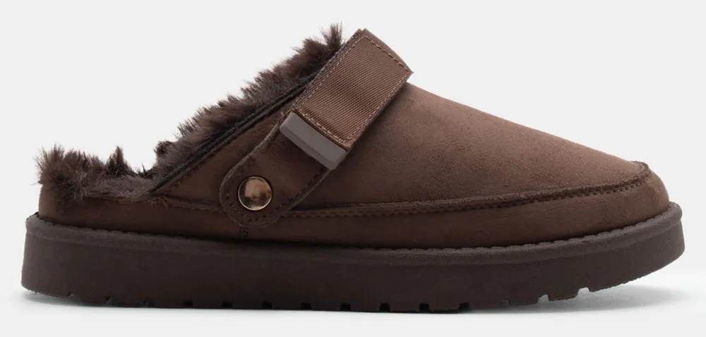 Clogs Σαμπό με Εσωτερική Επένδυση Γούνας & Λουράκι Scratch - Καφέ Σκούρο