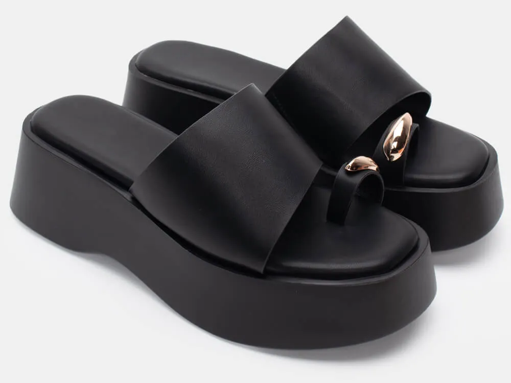 Πλατφόρμες με Φαρδιά Φάσα & Διακοσμητικό - Μαύρο-Ματ