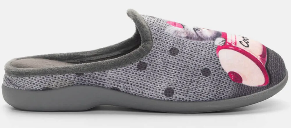 Παντόφλες Γούνινες με Σχέδιο Γατούλα - Ανθρακί