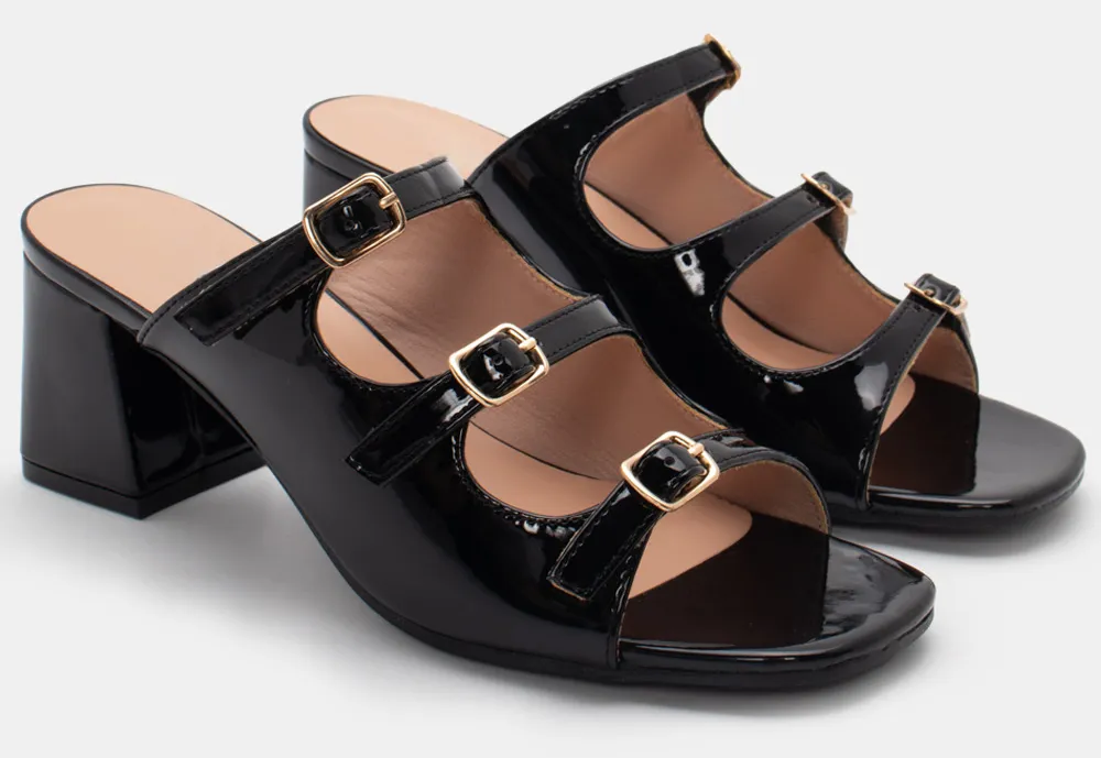 Mules με Λουράκια - Μαύρο-Λουστρίνι