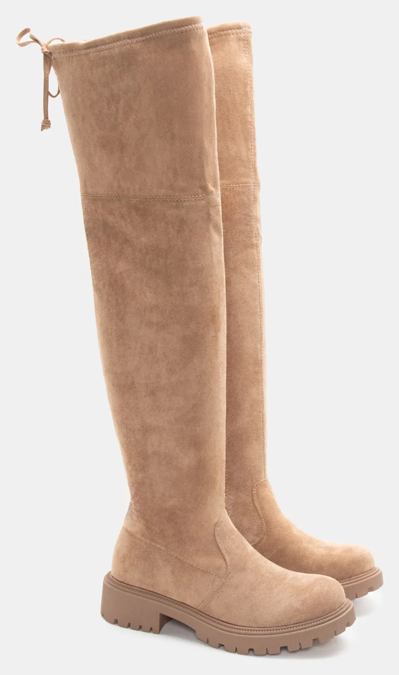 Μπότες Over The Knee με Τρακτερωτή Σόλα - Μπεζ-Σκούρο