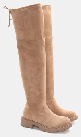 Μπότες Over The Knee με Τρακτερωτή Σόλα - Μπεζ-Σκούρο