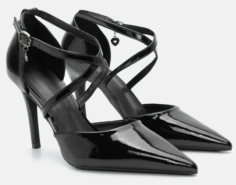 Γόβες ΄Λουστρίνι Μυτερές με Χιαστί Λουράκια - Μαύρο-Λουστρίνι