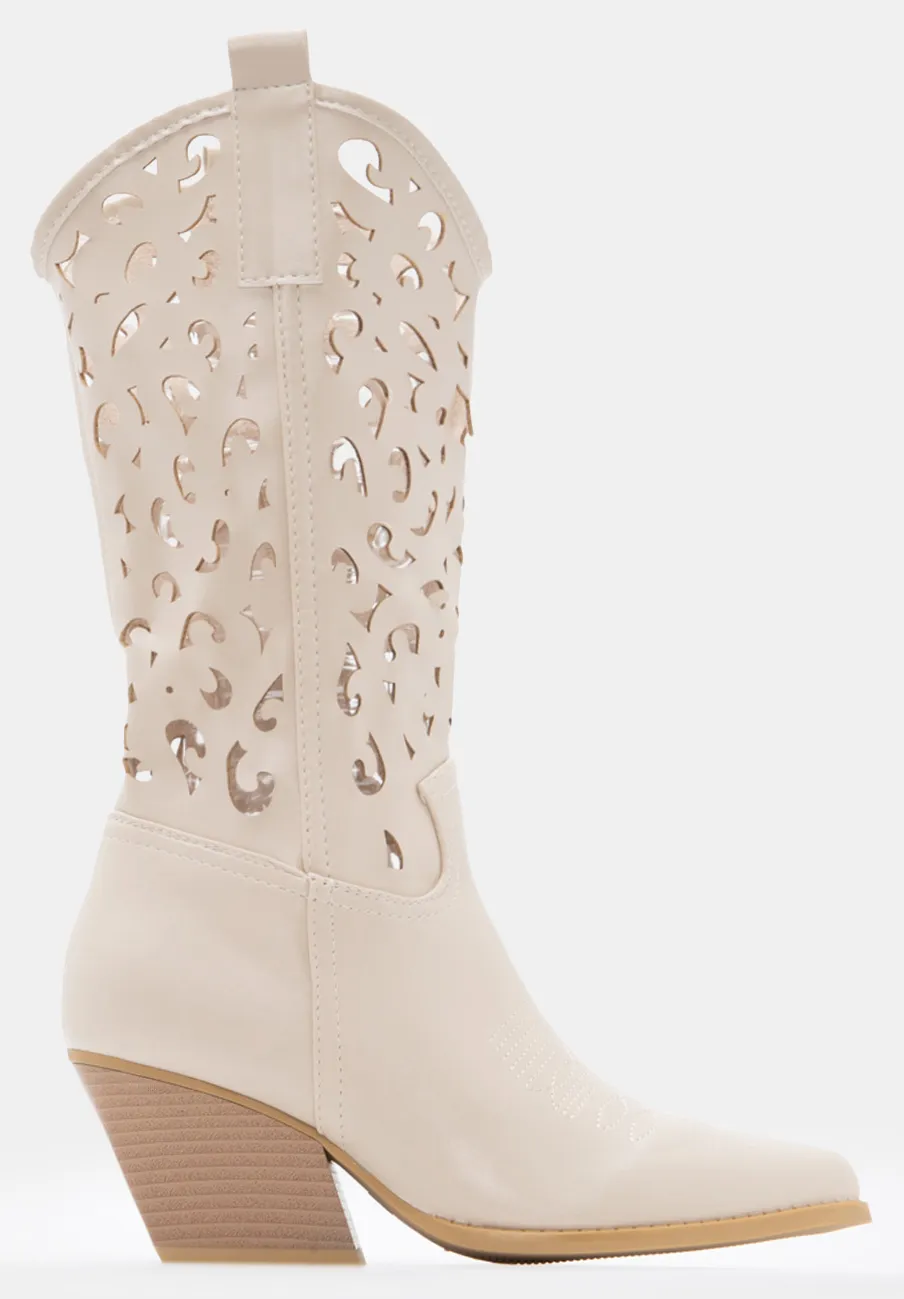 Μπότες Cowboy Μυτερές με Διάτρητο Σχέδιο - Μπεζ