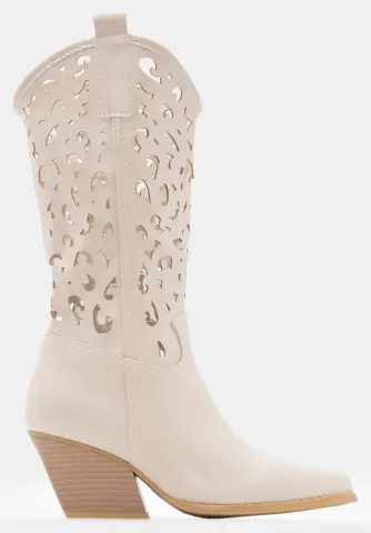 Μπότες Cowboy Μυτερές με Διάτρητο Σχέδιο - Μπεζ