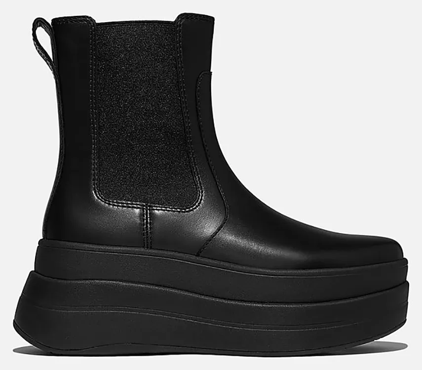 FIT FLOP F-MODE STACK CHELSEA BOOT - LEATHER E2J-090-ALL BLACK Black
