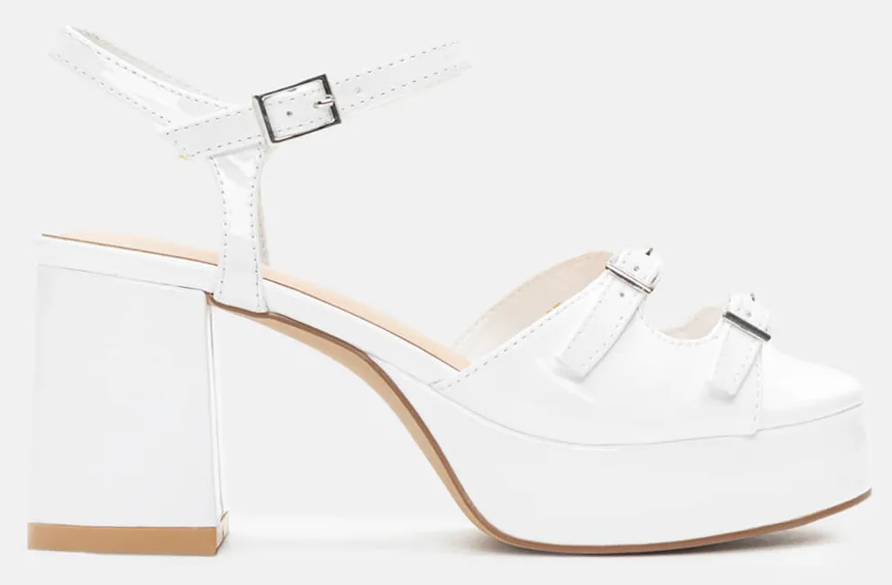 Πέδιλα με Διπλές Τόκες & Μπαρέτα - Λευκό-Λουστρίνι