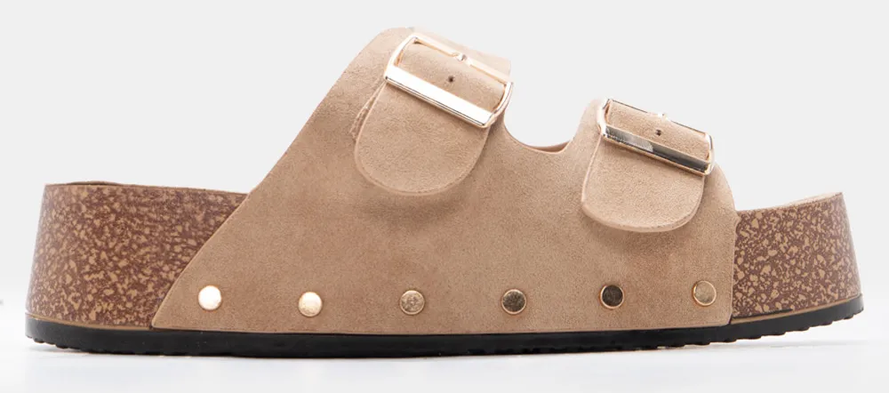 Σανδάλια Flatform με Διπλές Τόκες & Τρούκς - Μπεζ-Σκούρο