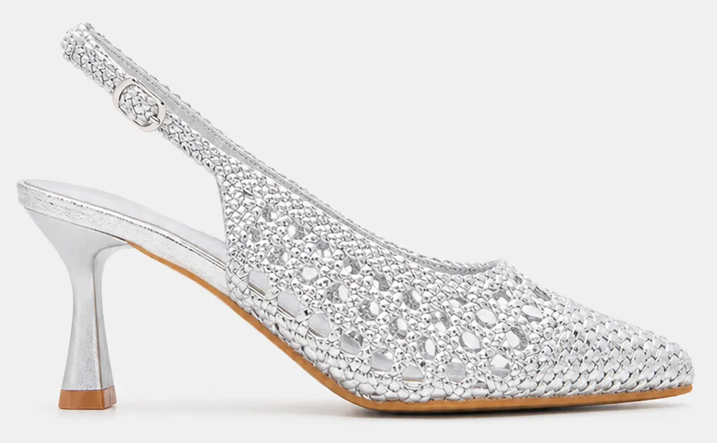 Γόβες Μυτερές Slingback με Πλεκτό Σχέδιο - Ασημί
