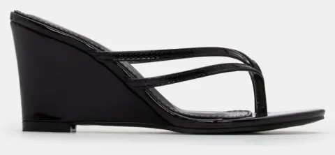 Mules Thong Wedge με Λουράκια - Μαύρο-Λουστρίνι