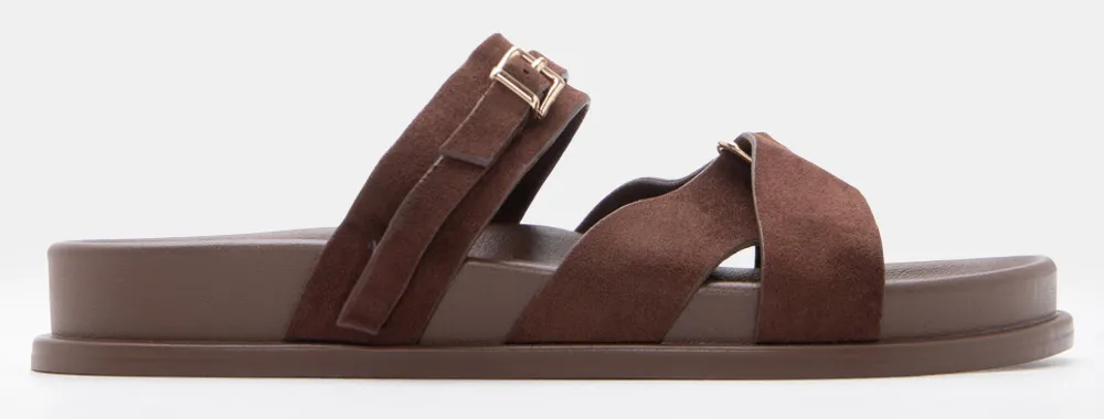 Σανδάλια Flatform με Διπλά Λουράκια & Μεταλλική Αγκράφα - Καφέ Σκούρο
